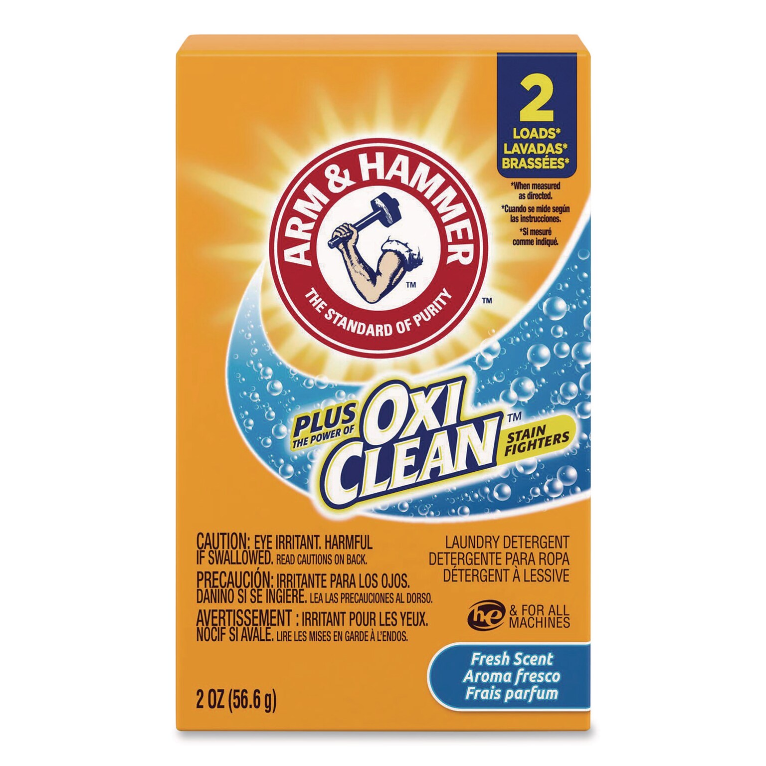 Arm & Hammer Plus the Power of OxiClean HE Powder Laundry Detergent, Fresh, 2 Loads, 2 oz., 156/Carton (57037-60000)