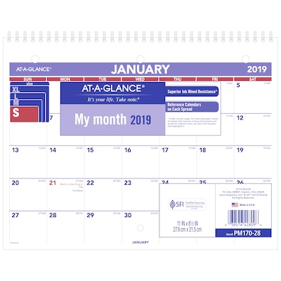 AT-A-GLANCE® Monthly Desk/Wall Calendar, 12 Months, January Start, 8 1/2 x 11, Wirebound (PM170-28-19)