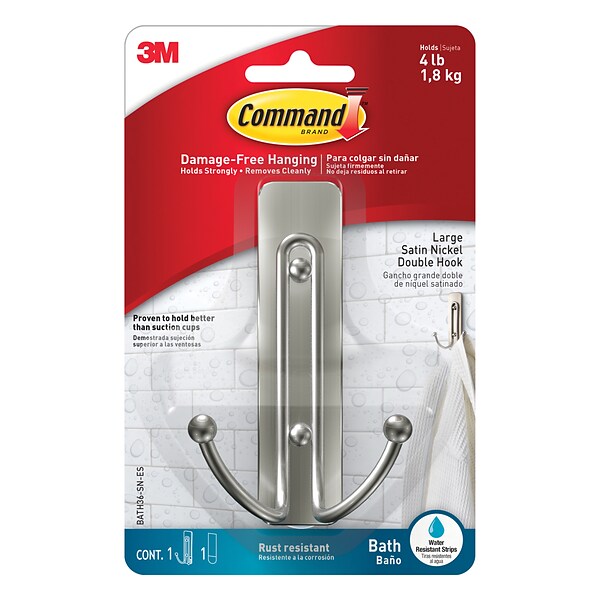 Command™ Large Double Bath Hook, Satin Nickel, 1 Hook, 1 Large Water-Resistant Strip/Pack (BATH36-SN-ES)