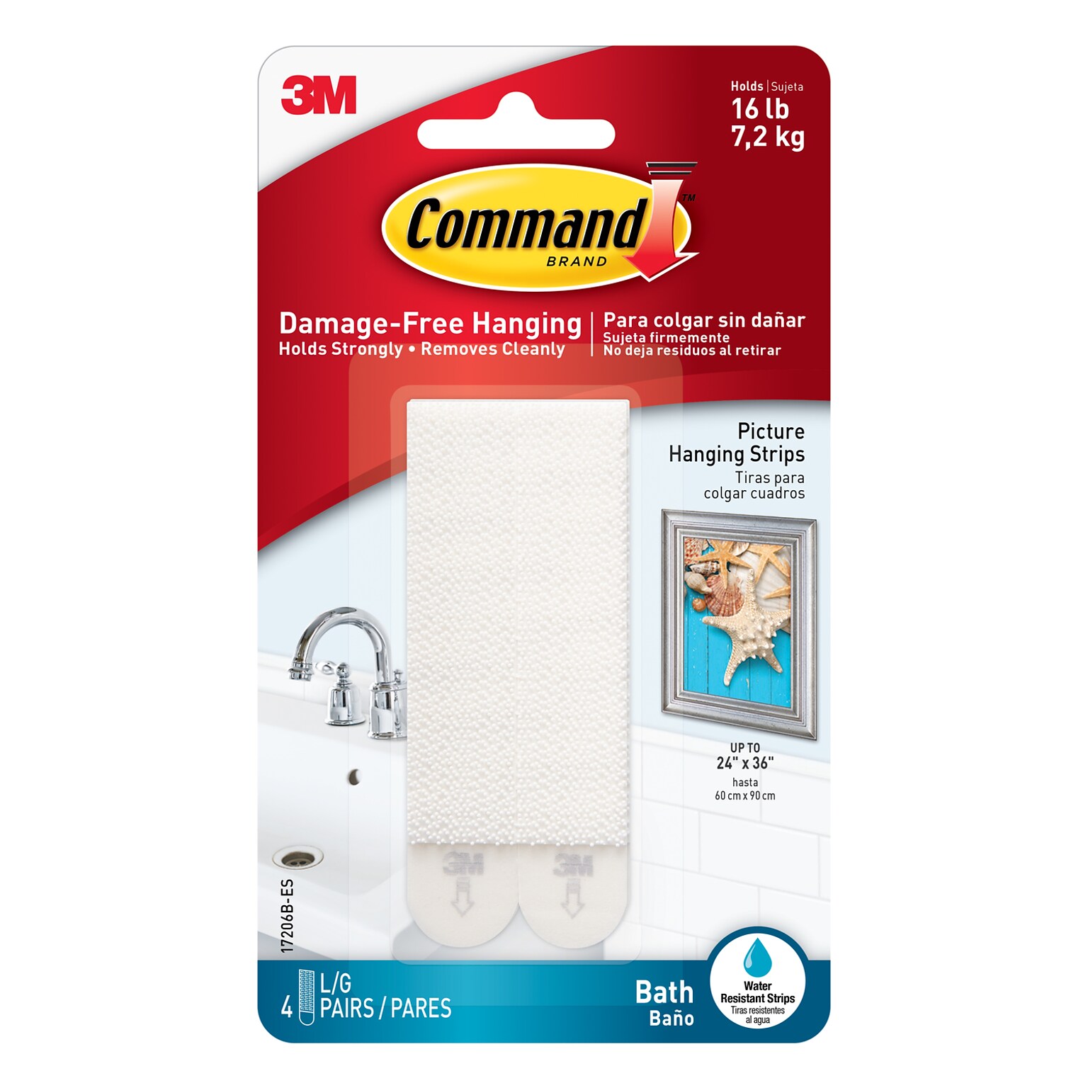 Command Large Bath Picture Hanging Strips, White, 4 Strips/Pack (17206B-ES)