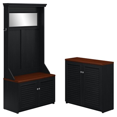 Bush Furniture Fairview Hall Tree with Shoe Bench and Small Storage Cabinet, Antique Black/Hansen Cherry (FV016AB)