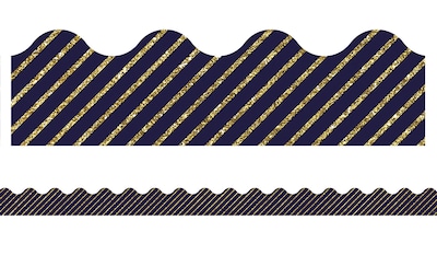 Carson-Dellosa Sparkle and Shine Gold Glitter and Navy Stripe Scalloped Borders, 13 Strips per Pack