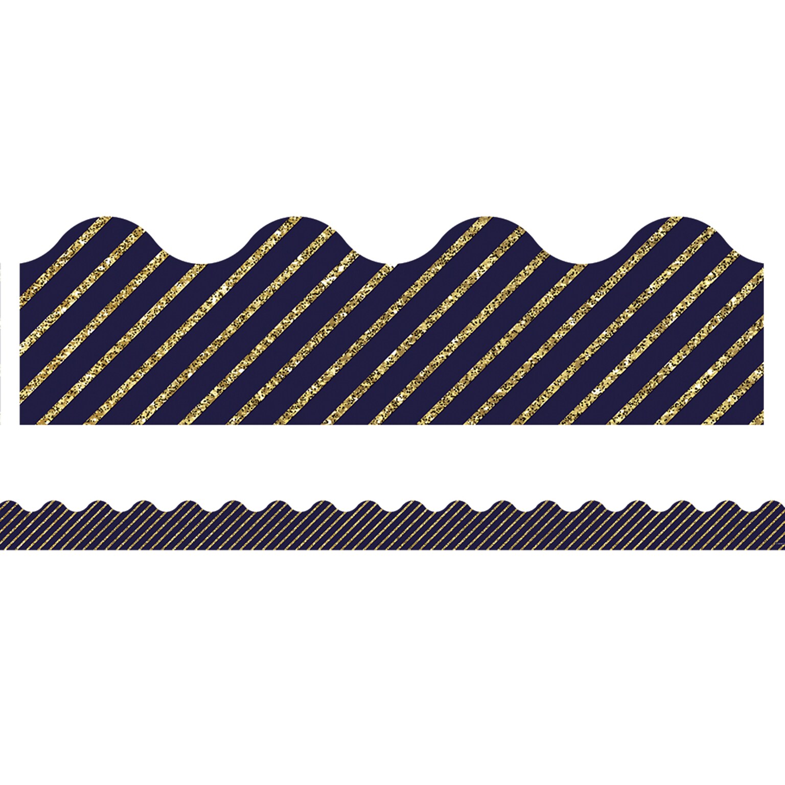Carson-Dellosa Sparkle and Shine Gold Glitter and Navy Stripe Scalloped Borders, 13 Strips per Pack (108322)