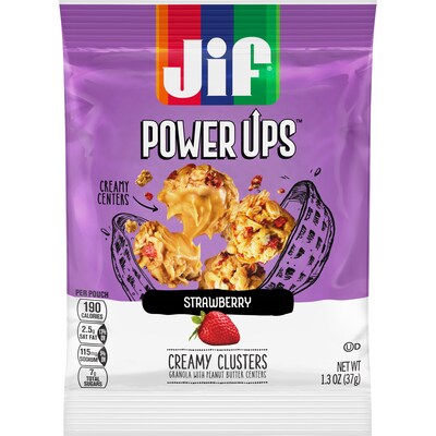 Jif Power Ups Creamy Clusters, Granola with Peanut Butter Centers, Strawberry Flavored, 1.3-Ounce Bag, 5 Count Box (SMU24527)