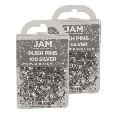JAM Paper Push Pins, Silver, 2 Packs of 100 (222419054A)