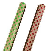 JAM Paper® Kraft Wrapping Paper Rolls, Green Foil Dots and Red Foil Dots Assortment, 100 Sq. Ft (165