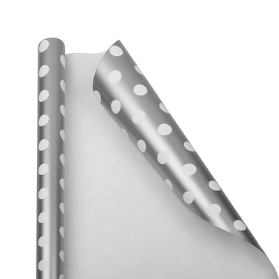 JAM Paper Wrapping Paper, 25 Sq. ft. x 30", Silver with White Polka Dots (165D25SI)