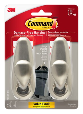 Command™ Large Forever Classic Metal Hook, Brushed Nickel, 2 Hooks, 4 Strips/Pack (FC13-BN-2ES)