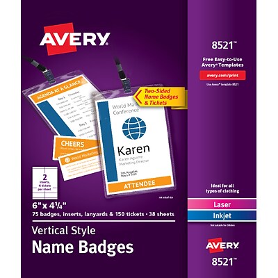 Avery Vertical Name Badges, Durable Plastic Holders, Lanyards, 6 x 4-1/4, 75 Badges (8521)