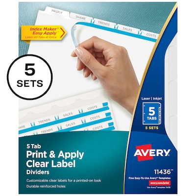 Avery IndexMaker Print & Apply Label Dividers, 5-Tab, Clear, 5/Pack (11436)