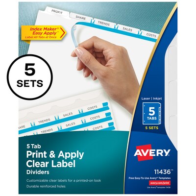 Avery IndexMaker Print & Apply Label Dividers, 5-Tab, Clear, 5/Pack (11436)