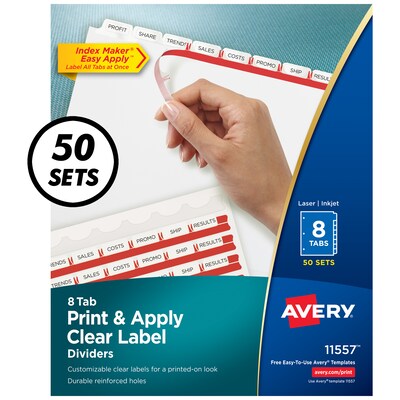 Avery Index Maker Paper Dividers with Print & Apply Label Sheets, 8 Tabs, White, 50 Sets/Pack (11557)