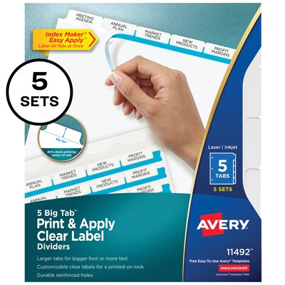 Avery Index Maker Big Tab Paper Dividers with Print & Apply Label Sheets, 5 Tabs, White, 5 Sets/Pack (11492)