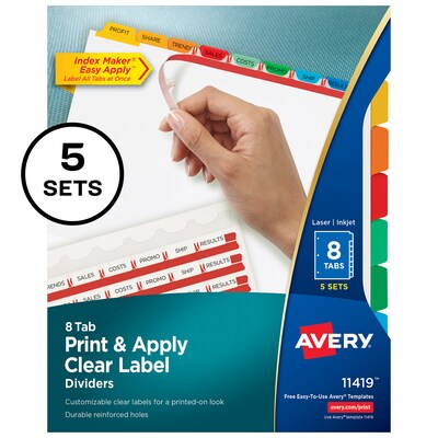 Avery Index Maker Paper Dividers with Print & Apply Label Sheets, 8 Tabs, Multicolor, 5 Sets/Pack (11419)