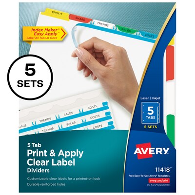 Avery Index Maker Paper Dividers with Print & Apply Label Sheets, 5 Tabs, Multicolor, 5 Sets/Pack (11418)
