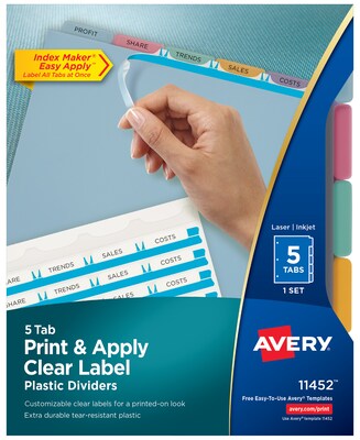 Avery Index Maker Print & Apply Label Plastic Dividers, 5-Tab, Translucent Multicolor (11452)