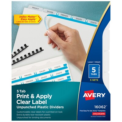 Avery Index Maker Unpunched Print & Apply Label Plastic Dividers, 5-Tab, Clear, 5 Sets/Pack (16062)