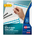 Avery Index Maker Unpunched Print & Apply Label Plastic Dividers, 5-Tab, Clear, 5 Sets/Pack (16062)
