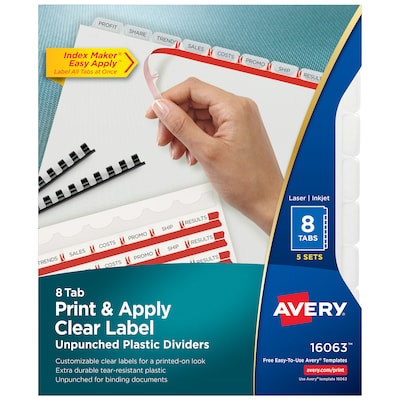 Avery Index Maker Unpunched Print & Apply Label Plastic Dividers, 8-Tab, Clear, 5 Sets/Pack (16063)