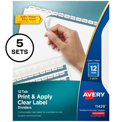 Avery Index Maker Paper Dividers with Print & Apply Label Sheets, 12 Tabs, White, 5 Sets/Pack (11429)