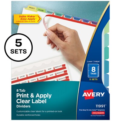 Avery Index Maker Paper Dividers with Print & Apply Label Sheets, 8 Tabs, Pastel, 5 Sets/Pack (11991)