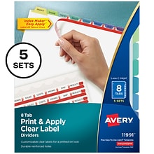 Avery Index Maker Paper Dividers with Print & Apply Label Sheets, 8 Tabs, Pastel, 5 Sets/Pack (11991