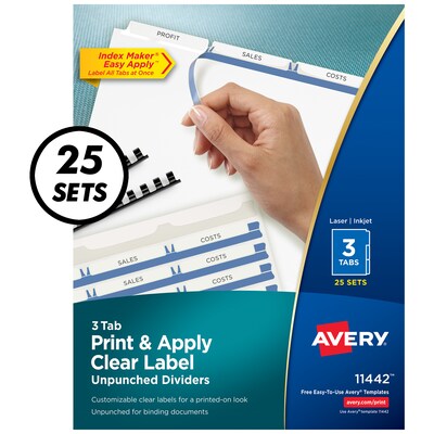 Avery Index Maker Unpunched Paper Dividers with Print & Apply Label Sheets, 3 Tabs, White (11442)