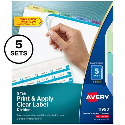 Avery Index Maker Print & Apply Label Paper Dividers, 5-Tab, Pastel Multicolor, 5 Sets/Pack (11990)