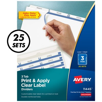 Avery Index Maker Paper Dividers with Print & Apply Label Sheets, 3 Tabs, White, 25 Sets/Pack (11445)