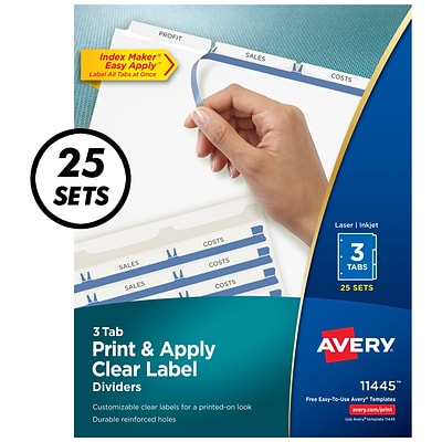 Avery Index Maker Print & Apply Label Dividers, 3-Tab, Clear, 25 Sets/Box (11445)