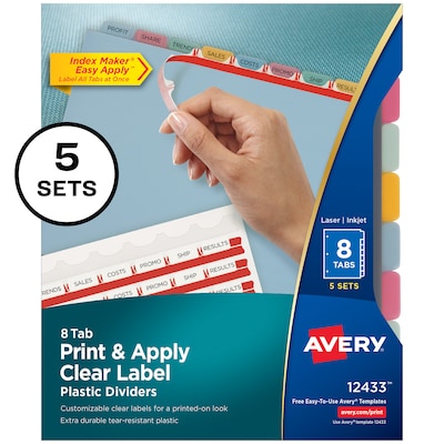 Avery Index Maker Plastic Dividers with Print & Apply Label Sheets, 8 Tabs, Multicolor, 5 Sets/Pack (AVE12433)