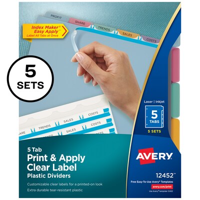 Avery Index Maker Plastic Dividers with Print & Apply Label Sheets, 5 Tabs, Multicolor, 5 Sets/Pack