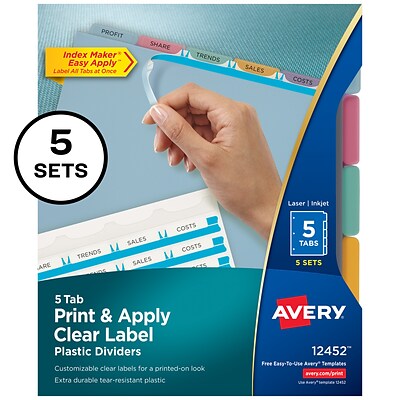 Avery IndexMaker Blank Plastic Dividers, 5 Tabs, Multicolor, 5 Sets/Pack (12452)