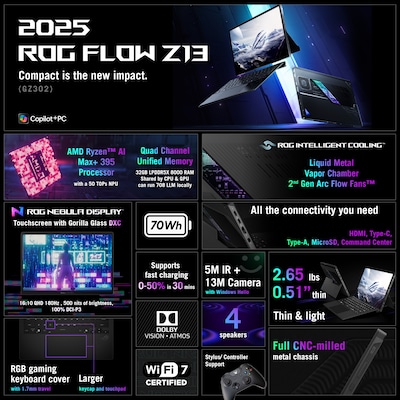 ASUS ROG Flow Z13 13.4 Touchscreen 180Hz Gaming Laptop, RDNA 3.5, AMD AI MAX+ 395 (2026), 32GB RAM, 1TB SSD, Win 11 Home