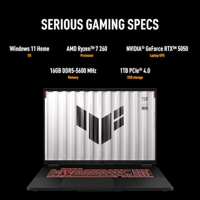 ASUS TUF A18 18" WUXGA 144Hz Gaming Laptop, NVIDIA GeForce RTX 5050, AMD Ryzen 7 5.1 Ghz, 16GB RAM, 1TB SSD, Win 11 Home