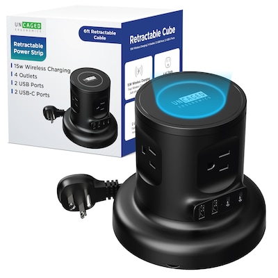 Uncaged Ergonomics Wireless Retractable 6 Power Strip Extension Cord, 4-Outlet, Black (WRPS-2-Black)