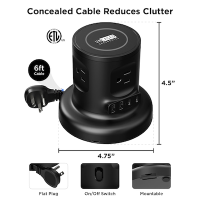 Uncaged Ergonomics Wireless Retractable 6' Power Strip Extension Cord, 4-Outlet, Black (WRPS-2-Black)