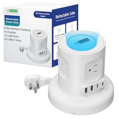 Uncaged Ergonomics Wireless Retractable 6 Power Strip Extension Cord, 4-Outlet, White (WRPS-2-White)