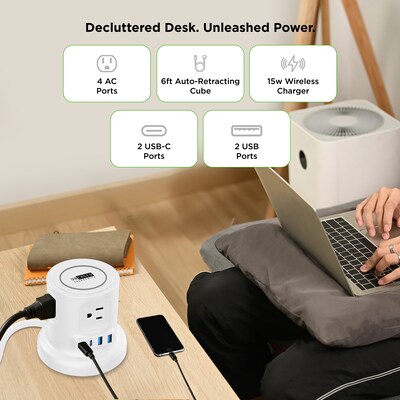 Uncaged Ergonomics Wireless Retractable 6' Power Strip Extension Cord, 4-Outlet, White (WRPS-2-White)