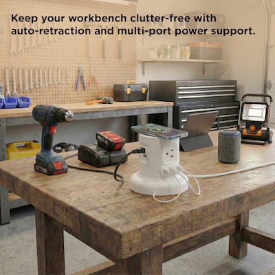 Uncaged Ergonomics Wireless Retractable 6' Power Strip Extension Cord, 4-Outlet, White (WRPS-2-White)