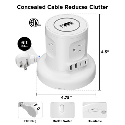 Uncaged Ergonomics Wireless Retractable 6' Power Strip Extension Cord, 4-Outlet, White (WRPS-2-White)