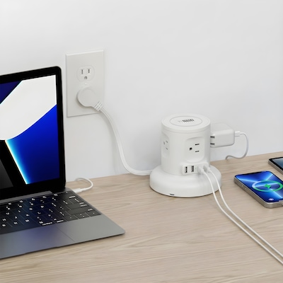 Uncaged Ergonomics Wireless Retractable 6' Power Strip Extension Cord, 4-Outlet, White (WRPS-2-White)