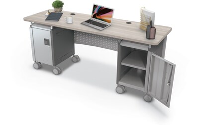 MooreCo Compass 72"W Dual Cabinet Teacher Desk with Shelves, Grey Elm (703673923347)