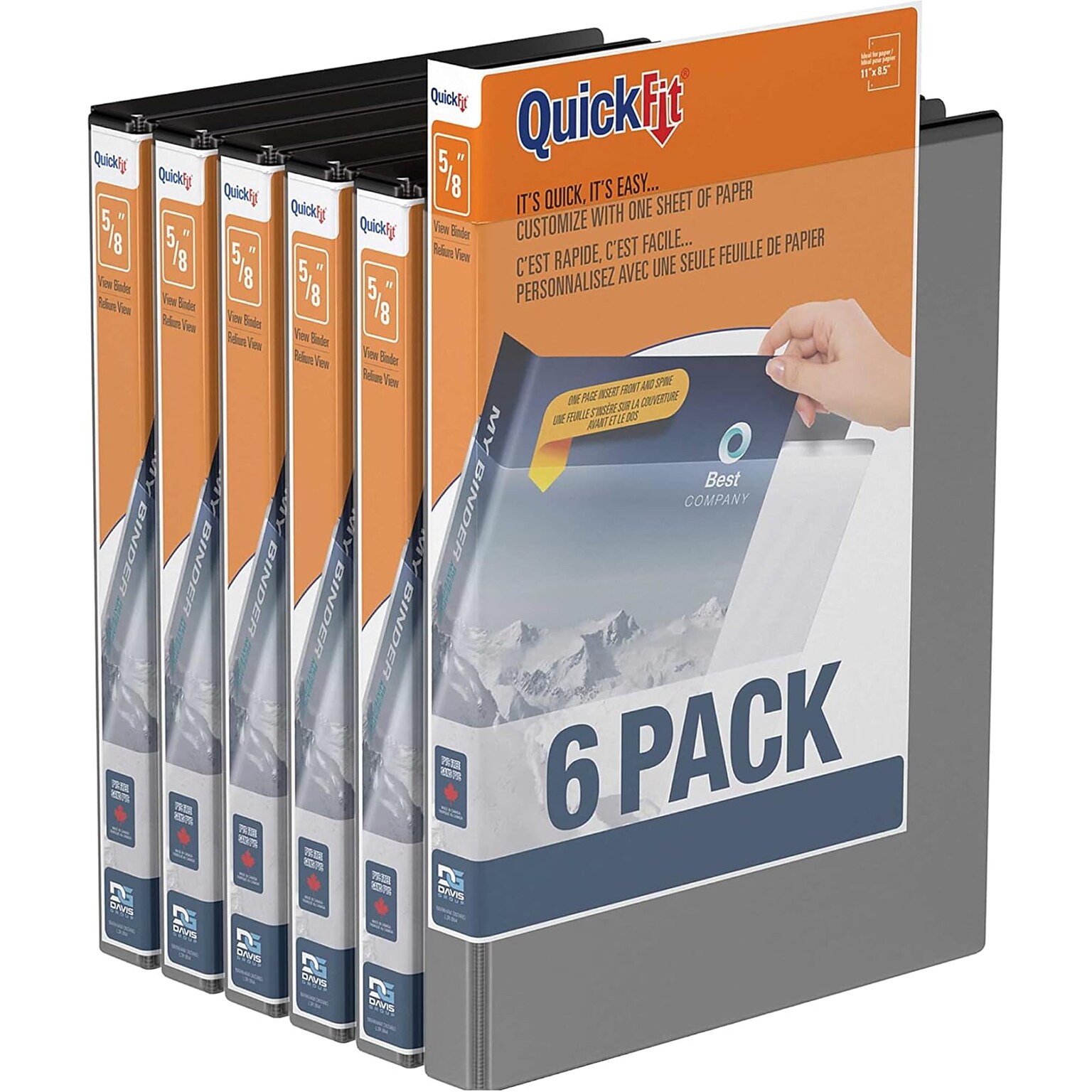Davis Group QuickFit 5/8 3-Ring Standard Binders, D-Ring, Black, 6/Pack (87001-06)
