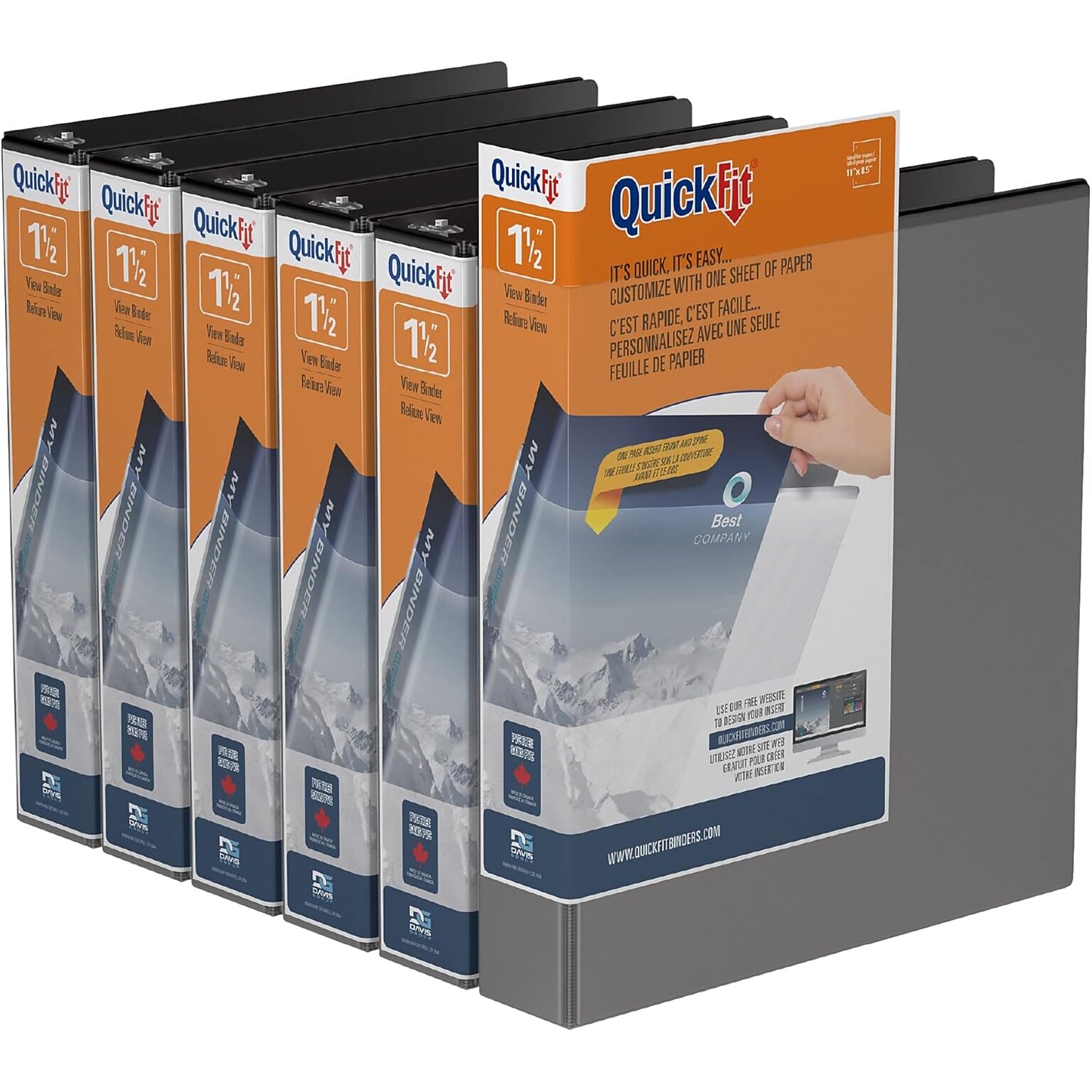 Davis Group QuickFit 1 1/2 3-Ring Standard Binders, D-Ring, Black, 6/Pack (87021-06)