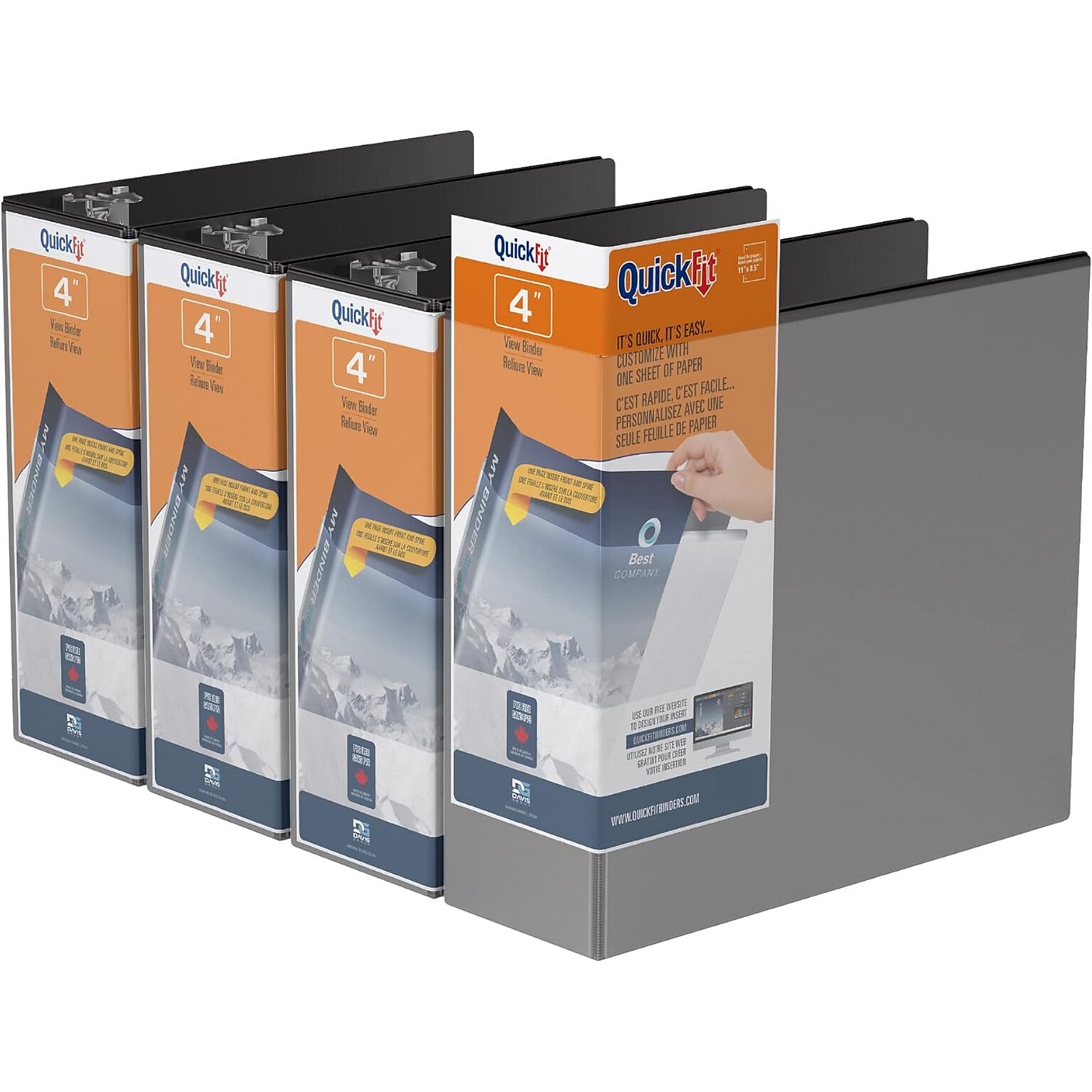 Davis Group QuickFit 4 3-Ring Standard Binders, D-Ring, Black, 4/Pack (87061-04)