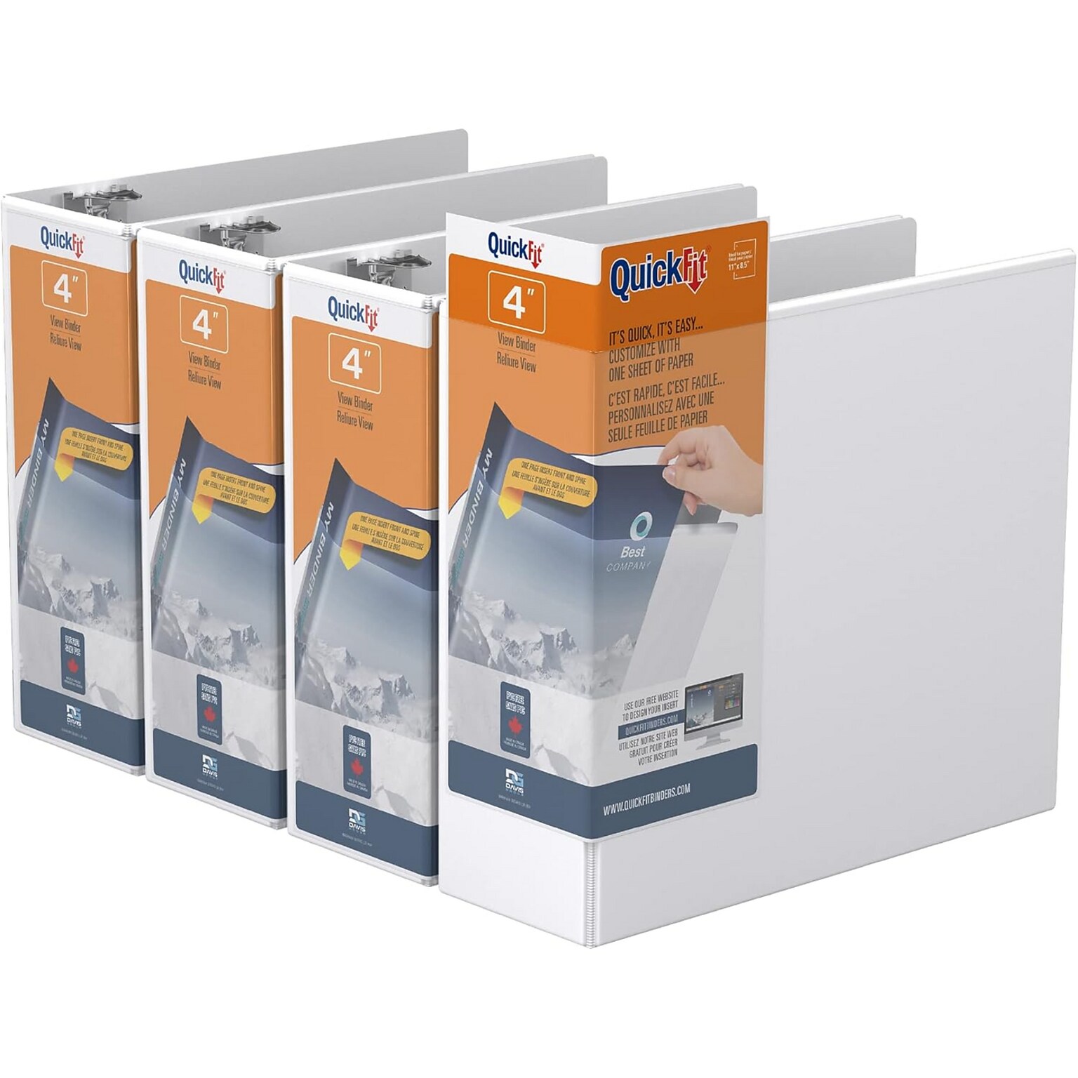 Davis Group QuickFit 4 3-Ring Standard Binders, D-Ring, White, 4/Pack (87060-04)