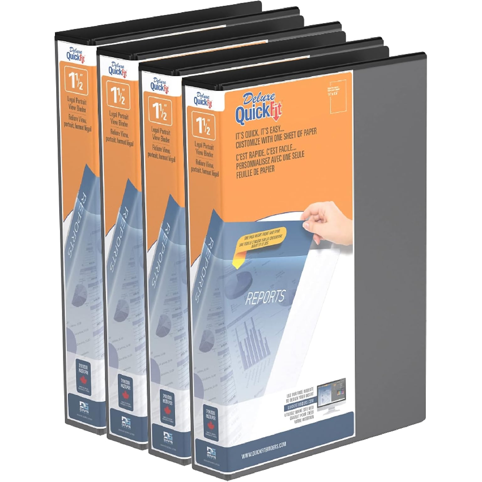 Davis Group QuickFit Heavy Duty 1 1/2 3-Ring Standard Binders, D-Ring, Black, 4/Pack (95021P-04)
