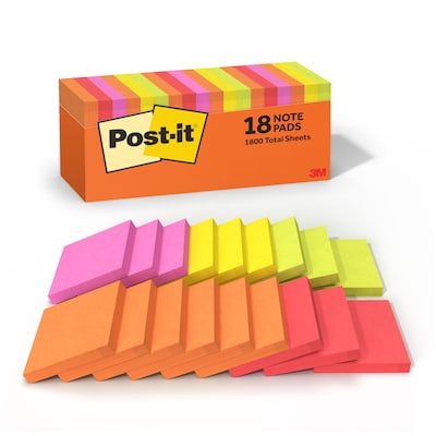 Post-it Notes, 3 x 3, Sunburst Collection, 100 Sheet/Pad, 18 Pads/Pack (654-18SUN-CP)