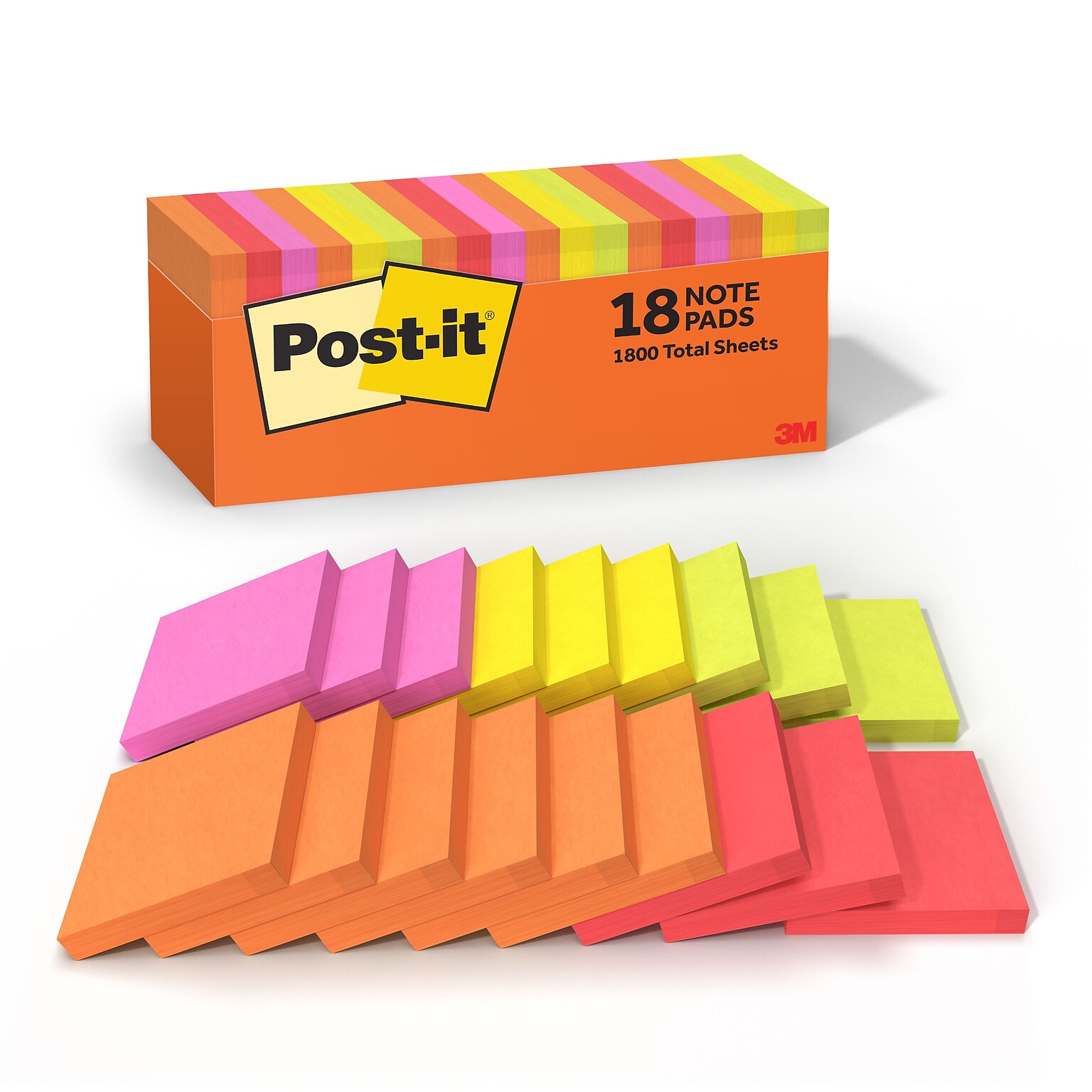 Post-it Notes, 3 x 3, Sunburst Collection, 100 Sheet/Pad, 18 Pads/Pack (654-18SUN-CP)